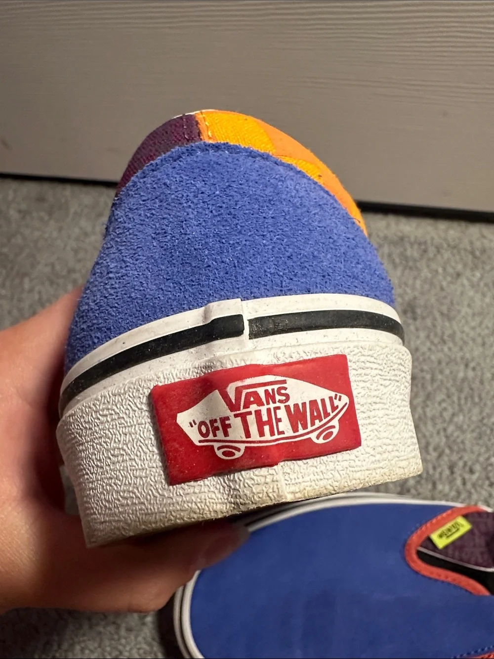 Vans Slip-On Blue Suede with Orange Trim and Multicolor Heel
